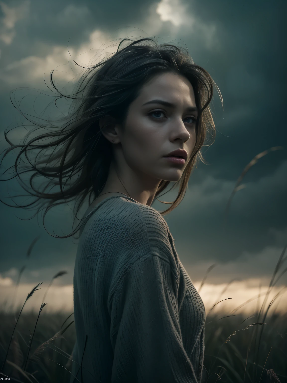 a melancholic girl in an empty field, dramatic lighting, cinematic atmosphere, 1girl, detailed face, beautiful eyes and lips, delicate tears, loneliness, despair, desolate landscape, dramatic clouds, moody lighting, muted colors, (best quality,4k,8k,highres,masterpiece:1.2),ultra-detailed,(realistic,photorealistic,photo-realistic:1.37),dramatic composition, moody atmosphere, cinematic lighting, emotional, digital painting, surreal, atmospheric