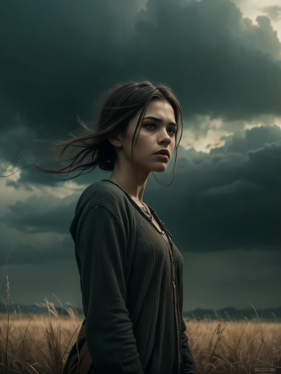 a melancholic girl in an empty field, dramatic lighting, cinematic atmosphere, 1girl, detailed face, beautiful eyes and lips, delicate tears, loneliness, despair, desolate landscape, dramatic clouds, moody lighting, muted colors, (best quality,4k,8k,highres,masterpiece:1.2),ultra-detailed,(realistic,photorealistic,photo-realistic:1.37),dramatic composition, moody atmosphere, cinematic lighting, emotional, digital painting, surreal, atmospheric