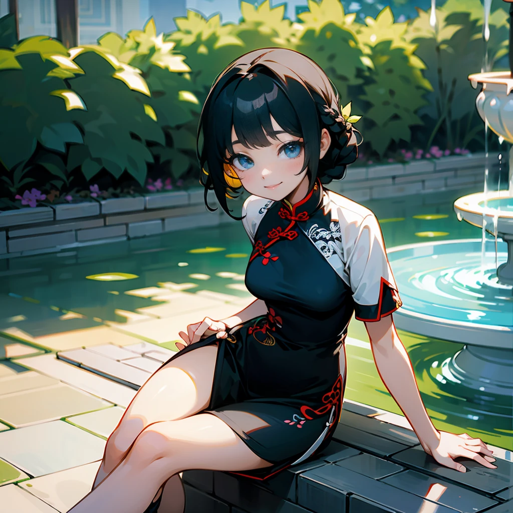 1female, Black Hair, Yellow Cheongsam, Braided Hair, White Flats, Traditional Chinese Attire, Blue Eyes, Smiling, Slim, Princess, Adult Female, Garden, Sitting by a Fountain