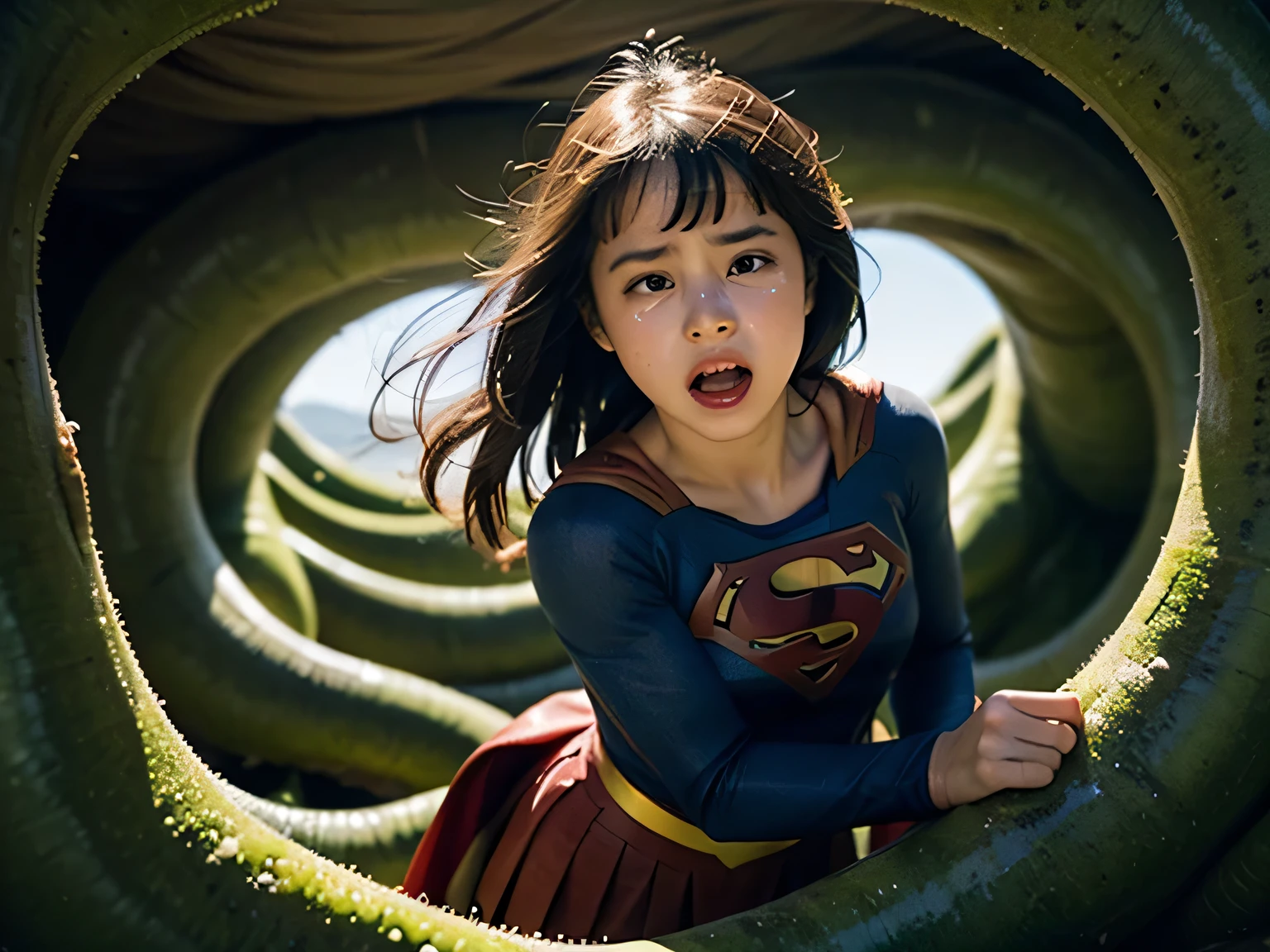 5-year-old Supergirl attacked by tentacles、Tentacle nest、thick tentacles wrap around the neck、Crying Supergirl、