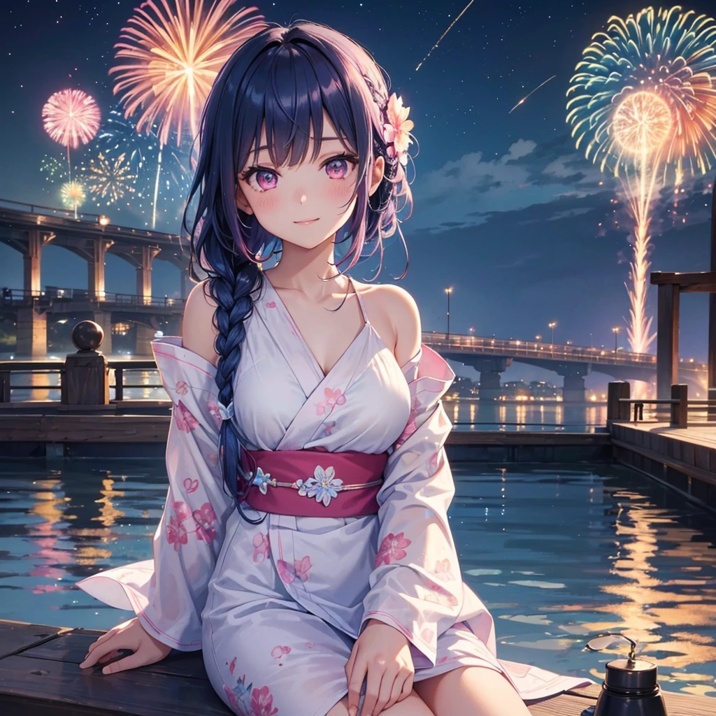 (Sky Blue Medium Hair:1.2), (Braided Hair),(Pink Eyes),Fair skin ,(whole body),(1 girl)、Floral Yukata、summer night、Extra-large fireworks filling the night sky、Big fireworks、Watching the fireworks while sitting next to each other、smile、Straight bangs,(masterpiece, Highest quality, Very detailed, Best Shadow), (Detailed Background), (Beautifully detailed face), High Contrast, (Best lighting, Very delicate and beautiful), ((Cinematic Light)), colorful, Hyper Detail 8k, Dramatic Light, Intricate details,Fireworks reflected on the water surface、bridge、