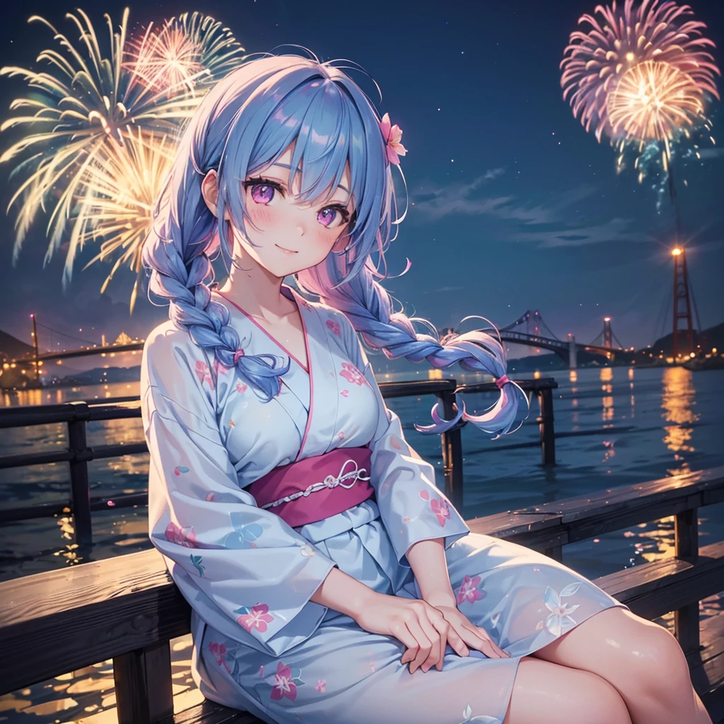 (Sky Blue Medium Hair:1.2), (Braided Hair),(Pink Eyes),Fair skin ,(whole body),(1 girl)、Floral Yukata、summer night、Extra-large fireworks filling the night sky、Big fireworks、Watching the fireworks while sitting next to each other、smile、Straight bangs,(masterpiece, Highest quality, Very detailed, Best Shadow), (Detailed Background), (Beautifully detailed face), High Contrast, (Best lighting, Very delicate and beautiful), ((Cinematic Light)), colorful, Hyper Detail 8k, Dramatic Light, Intricate details,Fireworks reflected on the water surface、bridge、