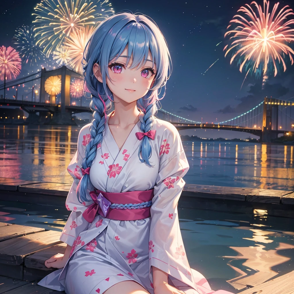 (Sky Blue Medium Hair:1.2), (Braided Hair),(Pink Eyes),Fair skin ,(whole body),(1 girl)、Floral Yukata、summer night、Extra-large fireworks filling the night sky、Big fireworks、Watching the fireworks while sitting next to each other、smile、Straight bangs,(masterpiece, Highest quality, Very detailed, Best Shadow), (Detailed Background), (Beautifully detailed face), High Contrast, (Best lighting, Very delicate and beautiful), ((Cinematic Light)), colorful, Hyper Detail 8k, Dramatic Light, Intricate details,Fireworks reflected on the water surface、bridge、