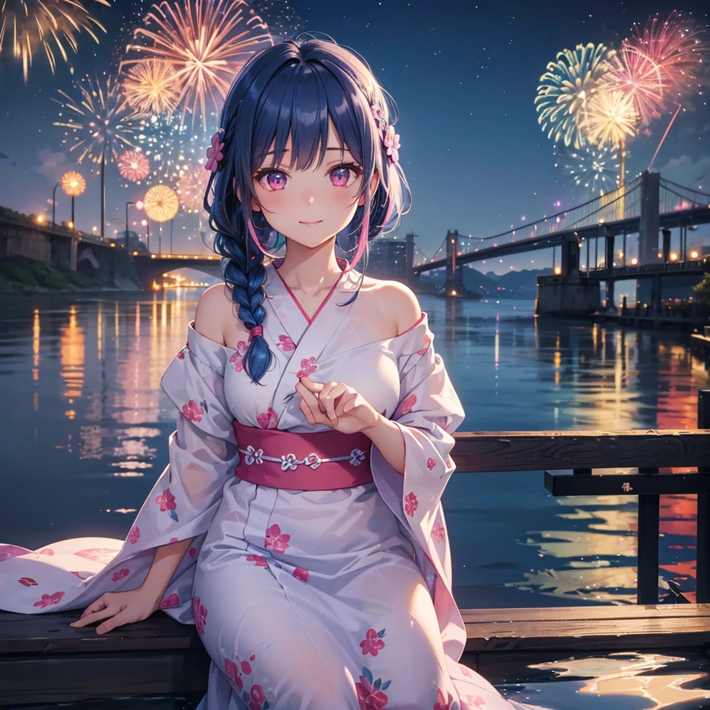 (Sky Blue Medium Hair:1.2), (Braided Hair),(Pink Eyes),Fair skin ,(whole body),(1 girl)、Floral Yukata、summer night、Extra-large fireworks filling the night sky、Big fireworks、Watching the fireworks while sitting next to each other、smile、Straight bangs,(masterpiece, Highest quality, Very detailed, Best Shadow), (Detailed Background), (Beautifully detailed face), High Contrast, (Best lighting, Very delicate and beautiful), ((Cinematic Light)), colorful, Hyper Detail 8k, Dramatic Light, Intricate details,Fireworks reflected on the water surface、bridge、