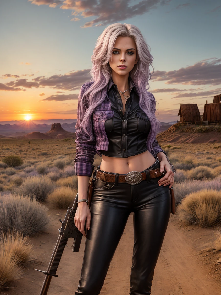 full body realism, a woman with long lilac hair wearing black leather pants and a plaid shirt is standing next to a gun holster in front of a wild west landscape at sunset