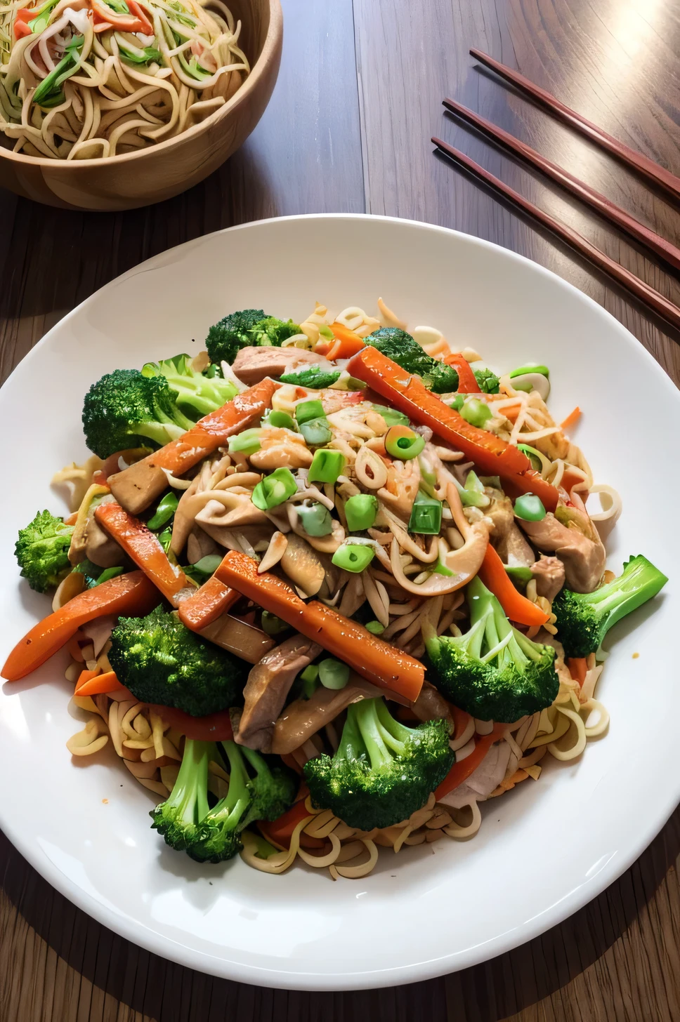 A PICTURE OF Yakisoba ON A PLATE WITH INGREDIENTS oriental noodles, with meat and chicken. Accompanied by fresh vegetables (broccoli, onion, carrot, bell pepper, chard and cabbage ON ONLY ONE TABLE