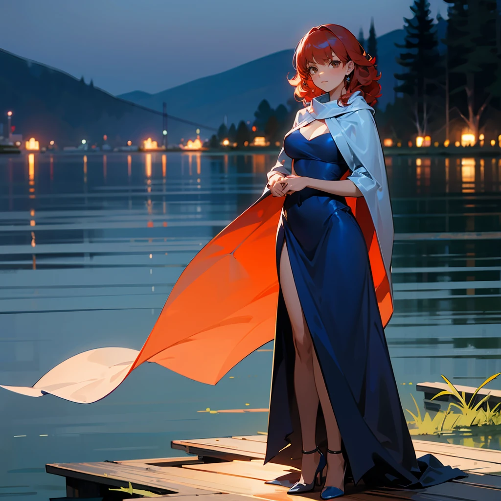 1female, Red Hair, Blue Evening Gown, Curly Hair, Silver Shawl, High Heels, Brown Eyes, Serious Expression, Tall, Fisherman, Adult Female, Lake, Standing by the Water
