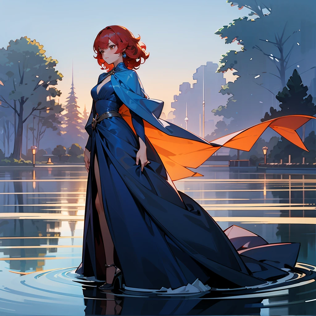 1female, Red Hair, Blue Evening Gown, Curly Hair, Silver Shawl, High Heels, Brown Eyes, Serious Expression, Tall, Fisherman, Adult Female, Lake, Standing by the Water
