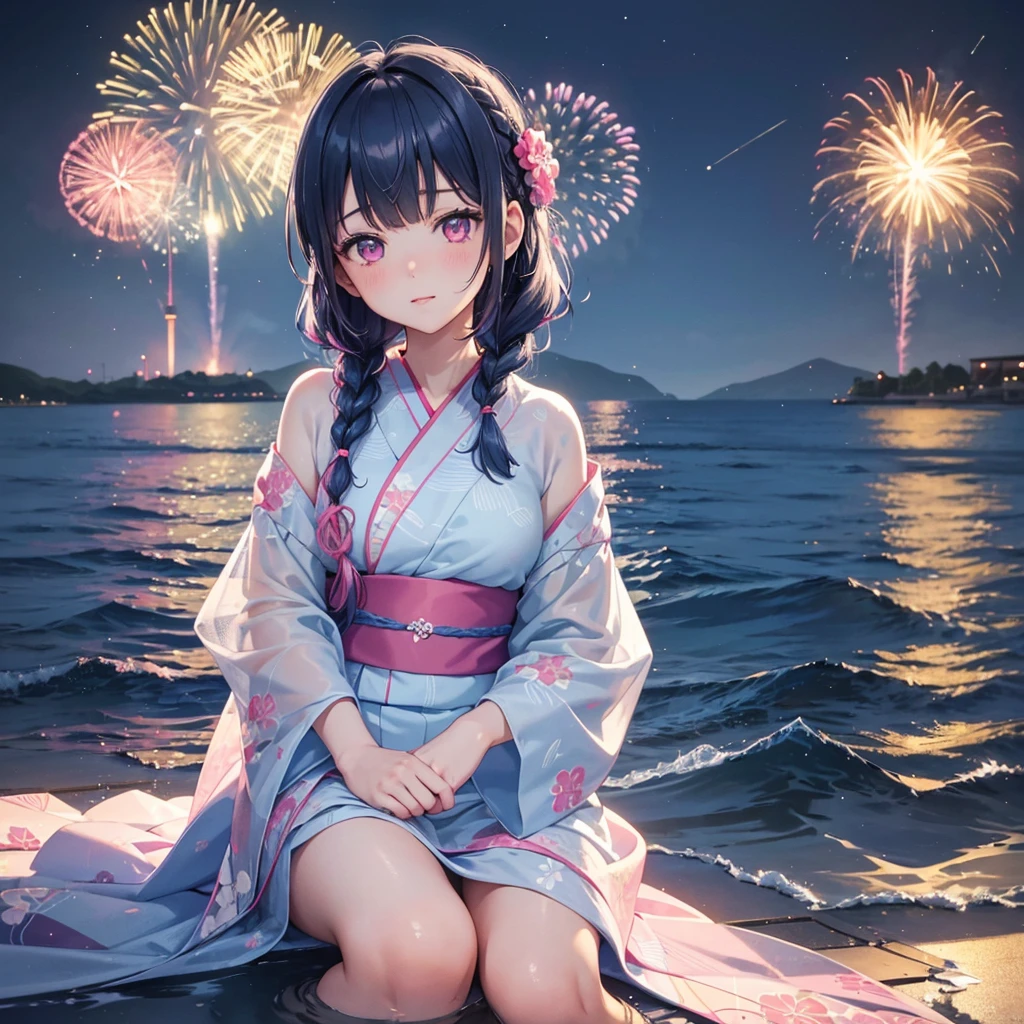 (Sky Blue Medium Hair:1.2), (Braided Hair),(Pink Eyes),Fair skin ,(whole body),(1 girl)、Floral Yukata、summer night、Extra-large fireworks filling the night sky、Huge fireworks launched from the sea、Watching the fireworks while sitting next to each other、Straight bangs,(masterpiece, Highest quality, Very detailed, Best Shadow), (Detailed Background), (Beautifully detailed face), High Contrast, (Best lighting, Very delicate and beautiful), ((Cinematic Light)), colorful, Hyper Detail 8k, Dramatic Light, Intricate details,Fireworks reflected on the water surface、