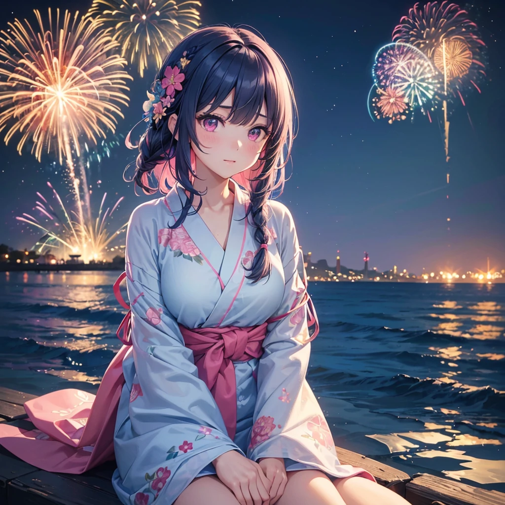 (Sky Blue Medium Hair:1.2), (Braided Hair),(Pink Eyes),Fair skin ,(whole body),(1 girl)、Floral Yukata、summer night、Extra-large fireworks filling the night sky、Huge fireworks launched from the sea、Watching the fireworks while sitting next to each other、Straight bangs,(masterpiece, Highest quality, Very detailed, Best Shadow), (Detailed Background), (Beautifully detailed face), High Contrast, (Best lighting, Very delicate and beautiful), ((Cinematic Light)), colorful, Hyper Detail 8k, Dramatic Light, Intricate details,Fireworks reflected on the water surface、