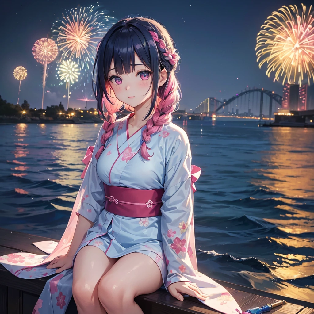 (Sky Blue Medium Hair:1.2), (Braided Hair),(Pink Eyes),Fair skin ,(whole body),(1 girl)、Floral Yukata、summer night、Extra-large fireworks filling the night sky、Huge fireworks launched from the sea、Watching the fireworks while sitting next to each other、Straight bangs,(masterpiece, Highest quality, Very detailed, Best Shadow), (Detailed Background), (Beautifully detailed face), High Contrast, (Best lighting, Very delicate and beautiful), ((Cinematic Light)), colorful, Hyper Detail 8k, Dramatic Light, Intricate details,Fireworks reflected on the water surface、