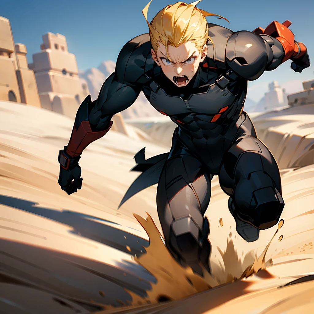 1male, Blonde Hair, Black Combat Suit, Slick Back Hair, Red Gloves, Combat Boots, Grey Eyes, Angry Expression, Muscular, High Ranker, Male, Desert, Running on the Sand