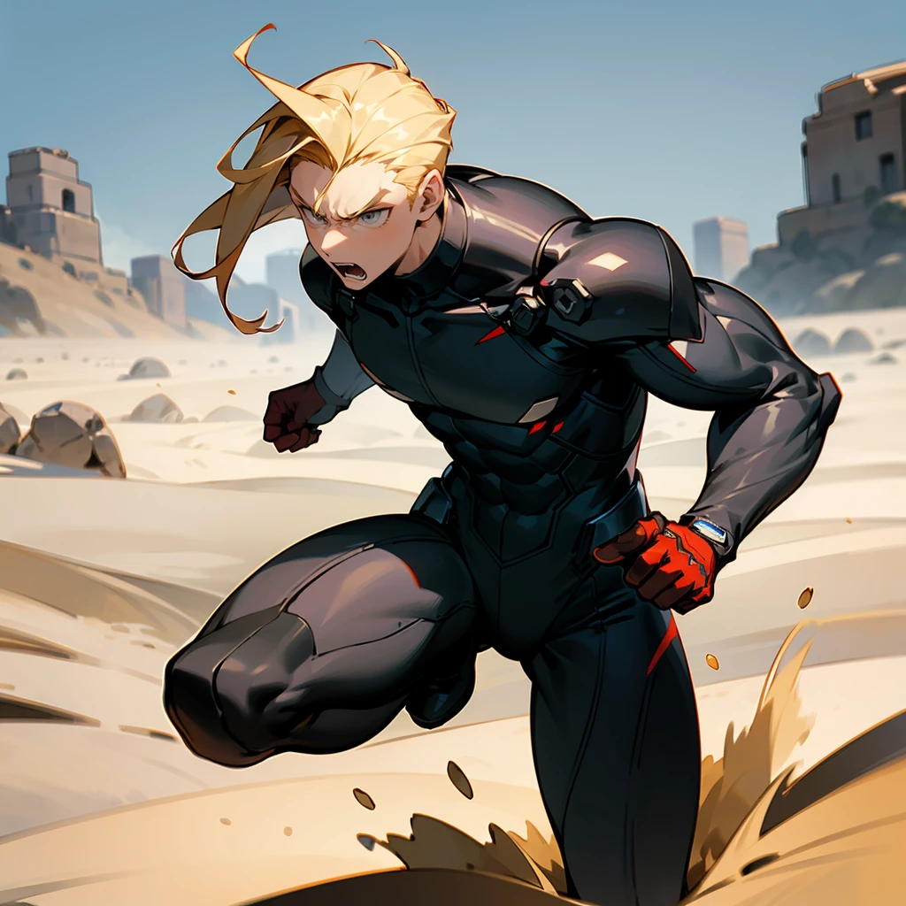 1male, Blonde Hair, Black Combat Suit, Slick Back Hair, Red Gloves, Combat Boots, Grey Eyes, Angry Expression, Muscular, High Ranker, Adult Male, Desert, Running on the Sand