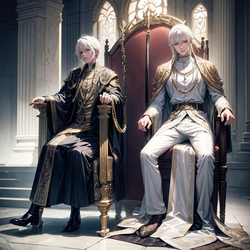 A white-haired male chained to a throne