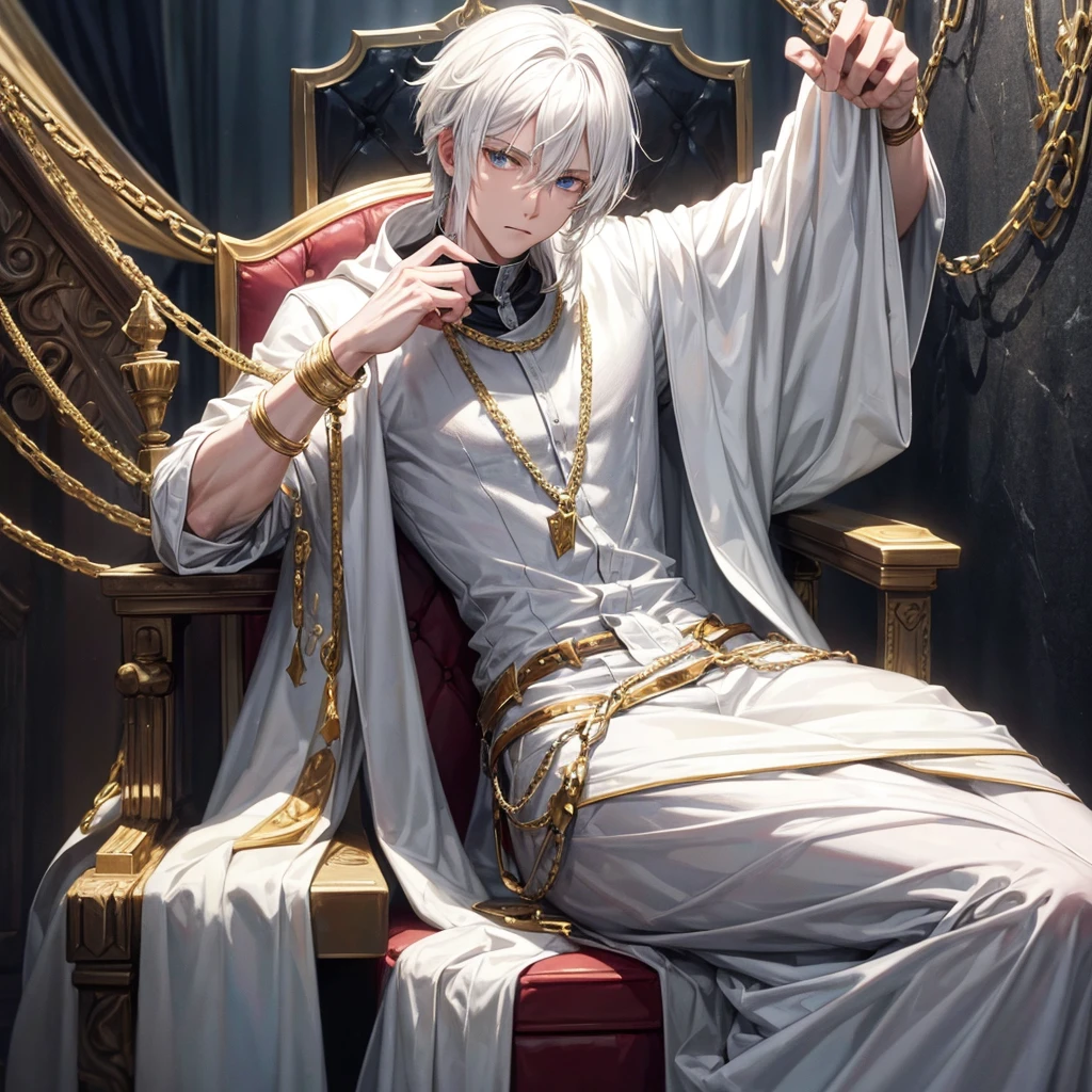 A white-haired male chained to a throne