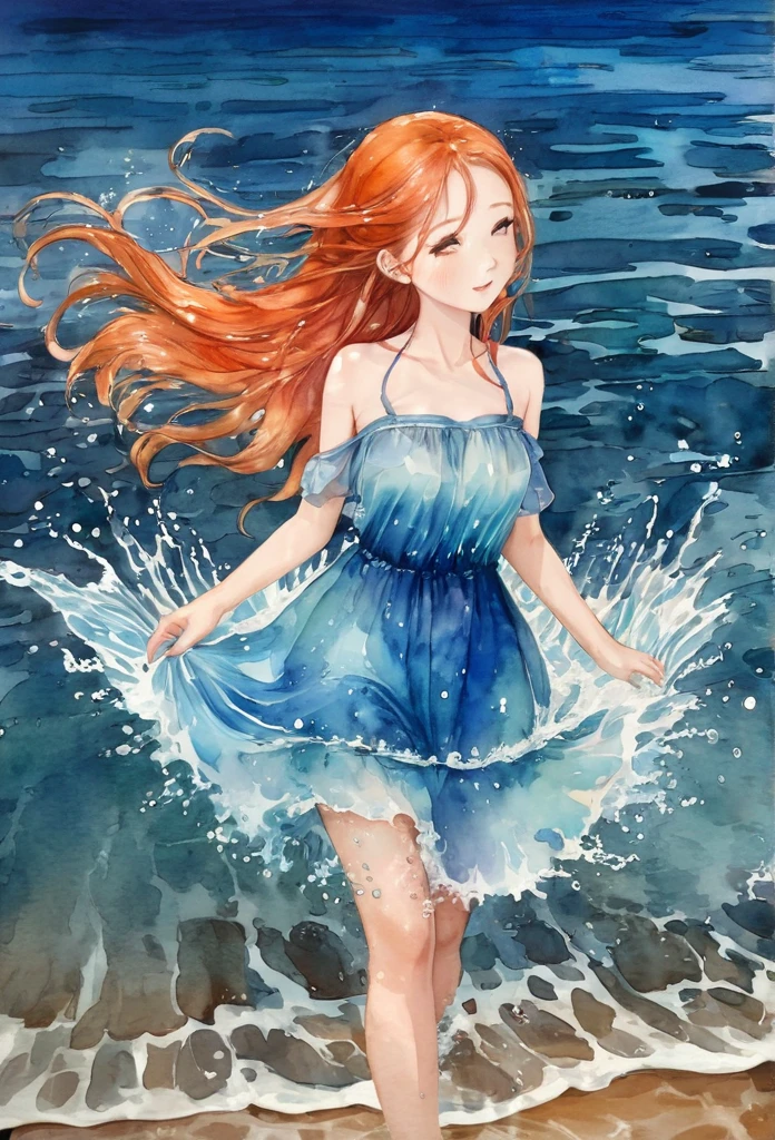 (masterpiece, best quality), ((1girl, solo, long hair)), Ishmael_limbus, innocence expression, bare arms, bare shoulders, bare neck, watercolor, sundress, liquid clothes, water, waves, water dress, blue_theme, night, mist, dark, sharp focus, sea, see-through dress, orange hair