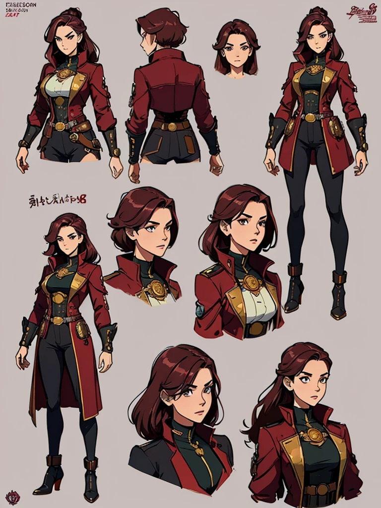 (masterpiece, best quality, character design plug, character reference sheet, concept art, same character, detailed face, super detailed, advanced details, highest quality, high resolution, 8K) full body female wearing a maroon and gold and futuristic short coat and modern navigator pirate steampunk clothes, Portugal theme, long maroon hair, light grey background color
