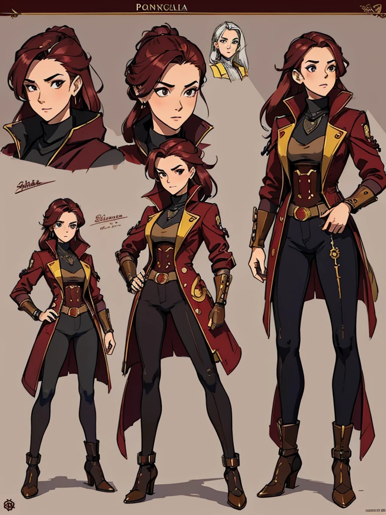 (masterpiece, best quality, character design plug, character reference sheet, concept art, same character, detailed face, super detailed, advanced details, highest quality, high resolution, 8K) full body female wearing a maroon and gold and futuristic short coat and modern navigator pirate steampunk clothes, Portugal theme, long maroon hair, light grey background color
