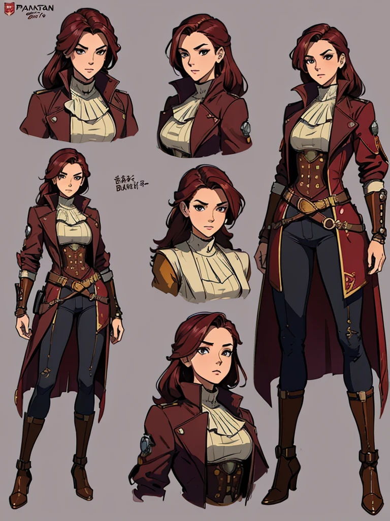 (masterpiece, best quality, character design plug, character reference sheet, concept art, same character, detailed face, super detailed, advanced details, highest quality, high resolution, 8K) full body female wearing a maroon and gold and futuristic short coat and modern navigator pirate steampunk clothes, Portugal theme, long maroon hair, light grey background color
