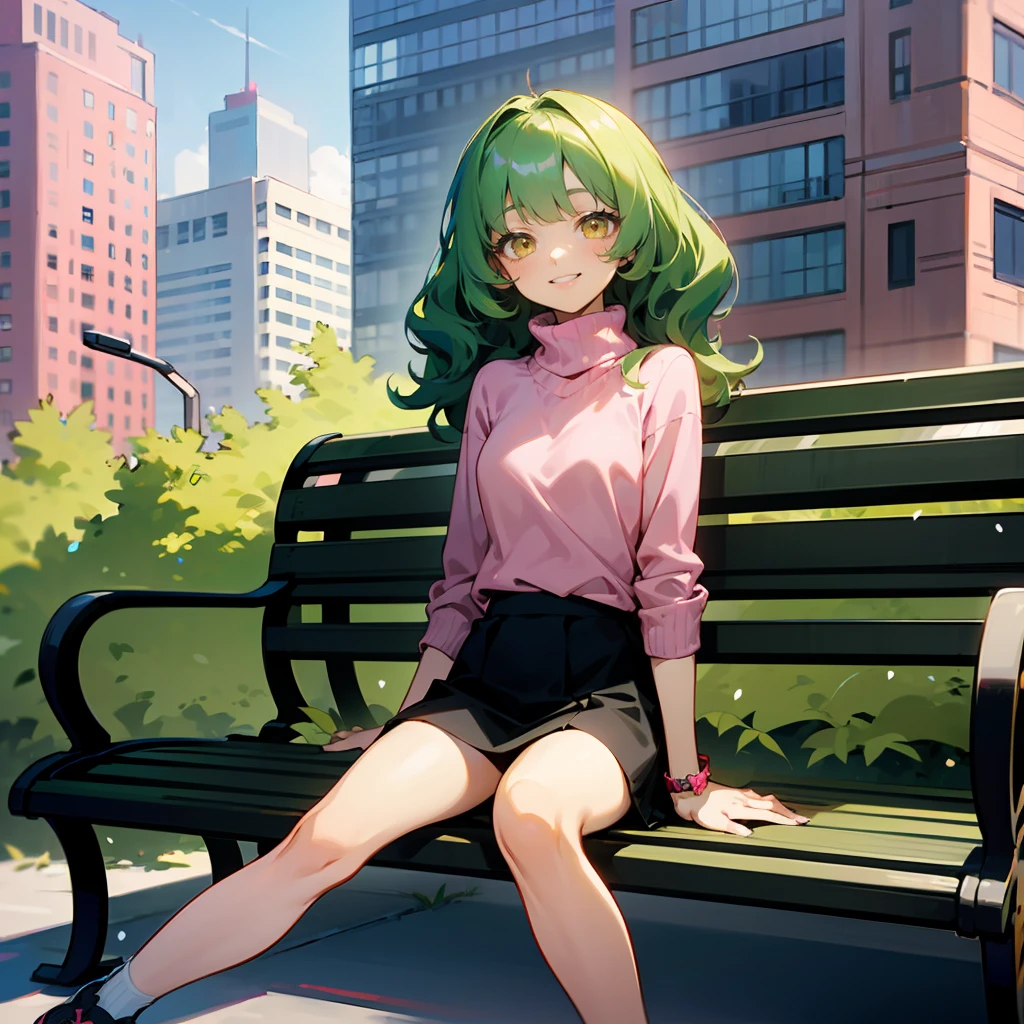 1female, Green Hair, Pink Turtleneck, Wavy Hair, Black Skirt, Casual Shoes, Yellow Eyes, Smiling, Lean, Wave Controller, Adult Female, City, Sitting on a Park Bench