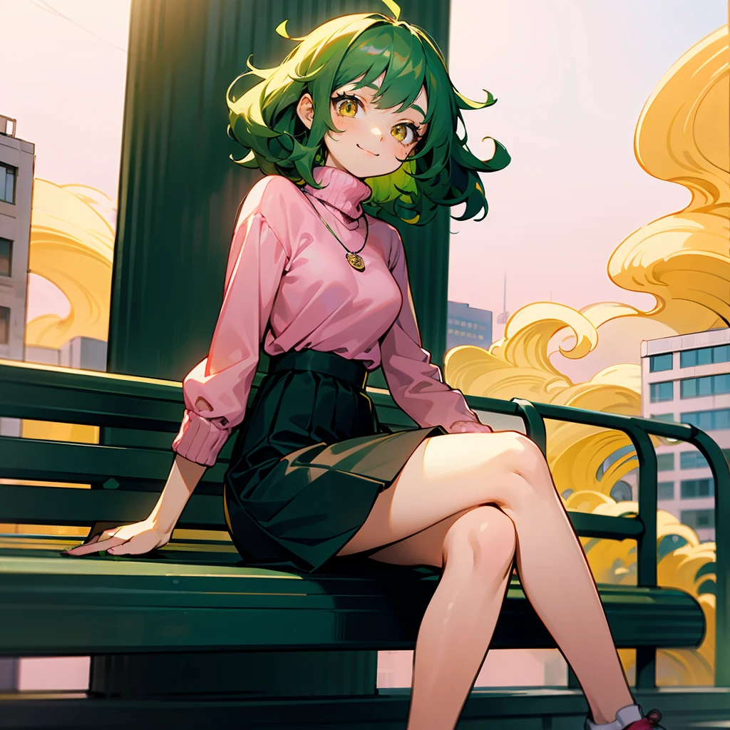 1female, Green Hair, Pink Turtleneck, Wavy Hair, Black Skirt, Casual Shoes, Yellow Eyes, Smiling, Lean, Wave Controller, Adult Female, City, Sitting on a Park Bench