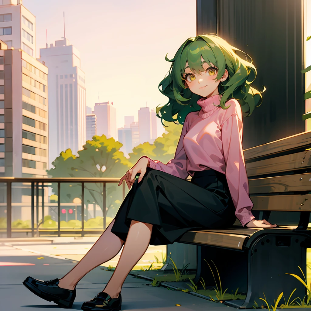 1female, Green Hair, Pink Turtleneck, Wavy Hair, Black Skirt, Casual Shoes, Yellow Eyes, Smiling, Lean, Wave Controller, Adult Female, City, Sitting on a Park Bench