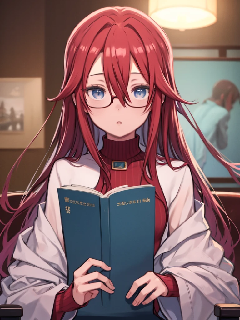 One Girl、Red Hair、long hair、Hair between the eyes、Blue Eyes、Red turtleneck sweater、Glasses、Sit on a chair、reading、Watching the audience、△ Mouth、Upper Body、