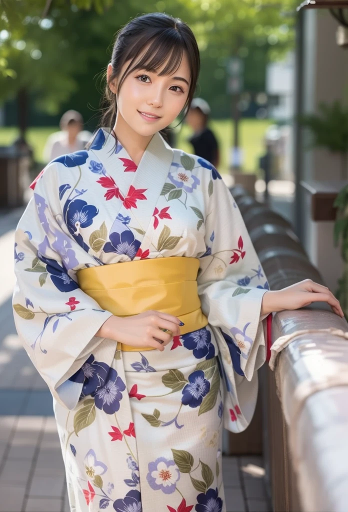 (best quality:1.5), (masterpiece:1.5), full body, very detailed, high resolution, 8k, cute Japanese woman, cute 27 year old beauty, (medium breasts), thin lips, detailed face, Beautiful and elegant face, cute face, natural bangs, arched eyebrows, well-groomed eyebrows, (big eyes with a good balance between the left and right sides), cute eyes, beautiful eyes, beautiful thin nose, beautiful face line, (beautiful skin), medium Hair, (natural bangs), (looking at the camera with a Gentle smile), beautiful legs, smooth skin skin, fair skin, (Slender body:1.5), (Natural Light:0.8), (lighting forward:0.8), (lighting front:0.8), (Flat lighting:0.8), Gentle smile, Detailed fingers, beautiful hands, (Wearing a kimono), Japanese patterned kimono,