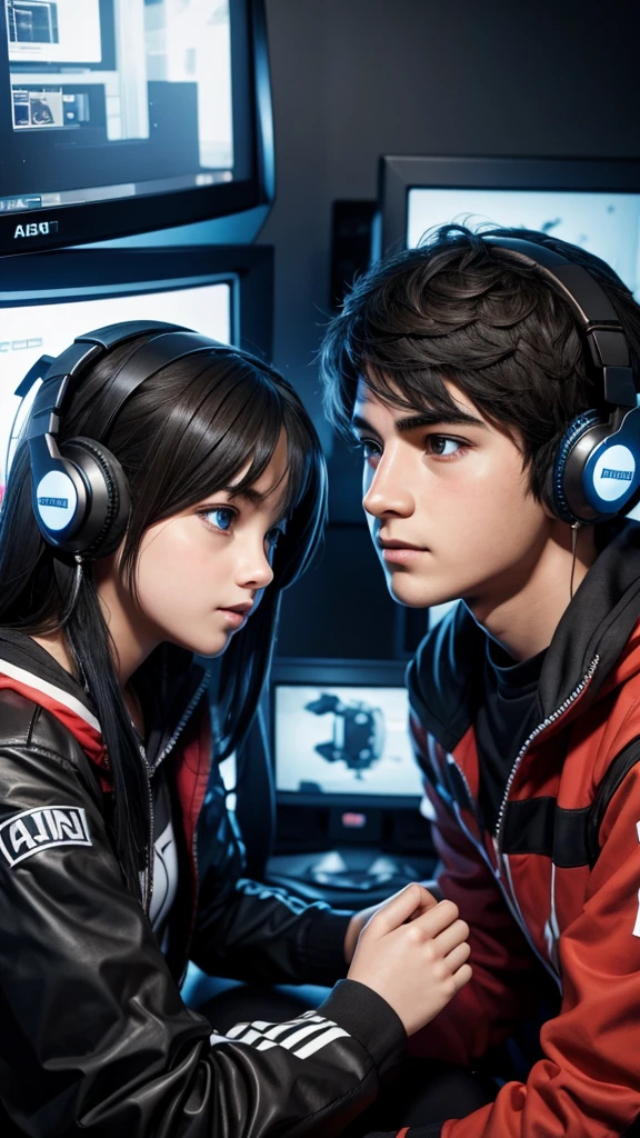 Gamer girl and boy looking into each other's eyes in love