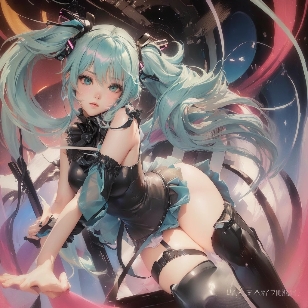 Anime girl with blue hair and a black dress posing in front of a red background, hatsune Miku, portrait of hatsune Miku, hatsune Miku portrait, Enchanting anime girl, top rated on pixiv, Miku, Pixiv contest winner, Mikudayo, Nightcore, digital art on pixiv, Pixiv 3dcg, Turquoise hair anime girl, ピクシブLet's start with a base illustration of a young female character.
Adjust the hair color to Hatsune Miku's iconic turquoise blue.
Style the hair to be very long, reaching below the waist, in twin tails. Ensure the twin tails are evenly balanced and neatly wrapped at the top.
Give the hair a glossy appearance and a slightly voluminous texture.
Create a youthful and cute facial expression with large, expressive eyes. The eye color should be a bright shade of blue.
Give her a characteristic slim and body frame.
Remove the distinctive outfit consisting of a sleeveless top, tie, and pleated skirt. Include shades of teal and black in the color scheme.
Include signature accessories such as a futuristic headset, microphone, and detachable sleeves.
Optionally, add knee-high boots or thigh-high socks in matching color tones.
Provide a background that complements the aesthetic, such as a futuristic cityscape or a concert stage with colorful lights.
Please note that due to the complexity of the instructions, it may be challenging for an AI to accurately generate an image based on the exact specifications provided.
Please draw it in a sketch-like style, resembling an idea sketch.
A drawing that looks like it was done with a pencil. A picture drawn in a messy manner. A drawing done with hesitation.Soft Joints - Dancer's Joints - Twisting the Hips Dramatically - No Use of Black in Outlines - Pink Illumination - Lowered Gaze - Slender Eyes - Puffy Cheeks - Visible Abdominal Skin - Hair Color is Aqua - Hair Doesn't Turn Green - Employing Light Pastel Colors for Outlines.