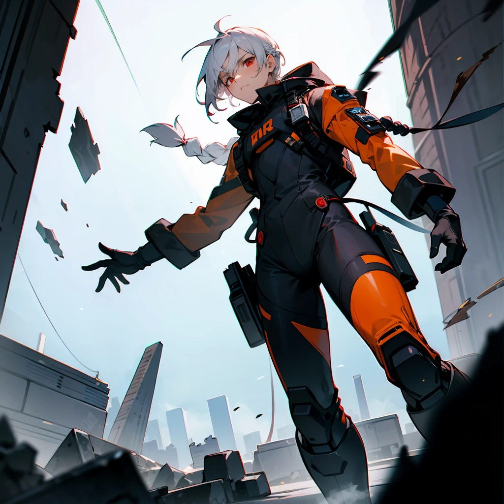 1male, White Hair, Orange Spacesuit, Braided Hair, Black Boots, Sci-Fi Attire, Red Eyes, Determined Expression, Tall, Regular Ranker, Young Male, Ruins, Searching through Debris