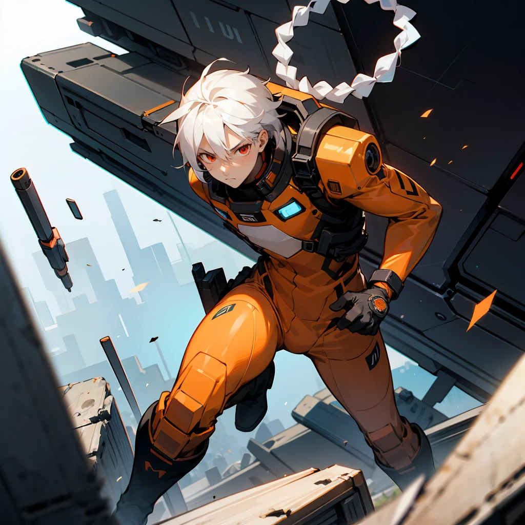 1male, White Hair, Orange Spacesuit, Braided Hair, Black Boots, Sci-Fi Attire, Red Eyes, Determined Expression, Tall, Regular Ranker, Young Male, Ruins, Searching through Debris