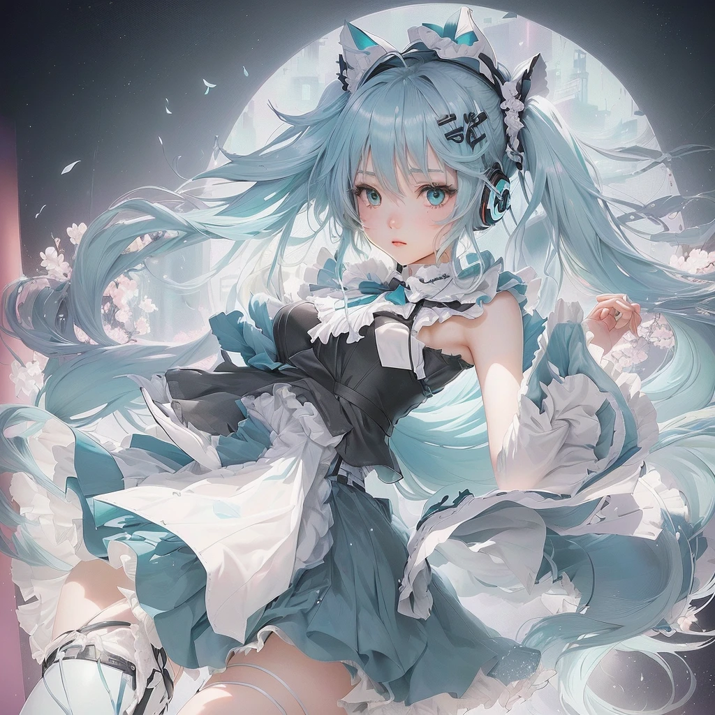 Anime girl with long blue hair and a white dress holding a knife, Nightcore, Pixiv contest winner, by Shimo, digital art on Pixiv, Hatsune Miku portrait, Pixiv, trending on artstation Pixiv, Anime Style 4k, Anime Art Wallpapers 8K, Hatsune Miku portrait, Mikudayo, ゼロチャンアートLet's start with a base illustration of a young female character.
Adjust the hair color to Hatsune Miku's iconic turquoise blue.
Style the hair to be very long, reaching below the waist, in twin tails. Ensure the twin tails are evenly balanced and neatly wrapped at the top.
Give the hair a glossy appearance and a slightly voluminous texture.
Create a youthful and cute facial expression with large, expressive eyes. The eye color should be a bright shade of blue.
Give her a characteristic slim and  body frame.
Remove the distinctive outfit consisting of a sleeveless top, tie, and pleated skirt. Include shades of teal and black in the color scheme.
Include signature accessories such as a futuristic headset, microphone, and detachable sleeves.
Optionally, add knee-high boots or thigh-high socks in matching color tones.
Provide a background that complements the aesthetic, such as a futuristic cityscape or a concert stage with colorful lights.
Please note that due to the complexity of the instructions, it may be challenging for an AI to accurately generate an image based on the exact specifications provided.
Please draw it in a sketch-like style, resembling an idea sketch.
A drawing that looks like it was done with a pencil. A picture drawn in a messy manner. A drawing done with hesitation.Soft Joints - Dancer's Joints - Twisting the Hips Dramatically - No Use of Black in Outlines - Pink Illumination - Lowered Gaze - Slender Eyes - Puffy Cheeks - Visible Abdominal Skin - Hair Color is Aqua - Hair Doesn't Turn Green - Employing Light Pastel Colors for Outlines.