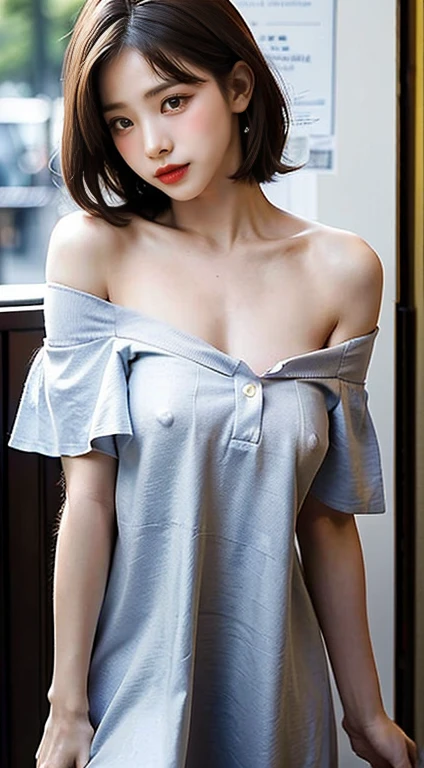 Highest quality、Ultra-high resolution、(Realistic)、18-year-old girl、((((I'm taking off my off shoulder casual dress, I can see your nipples)))),Hyper Detail、Super Realistic、(Realistic)、More about beautiful skin、(masterpiece:1.0)、(Highest quality)、(Ultra-high resolution)、8K resolution、Canon EOS R5、135mm、Absurd、Very detailed、Sharp focus、Fine skin、(((Chirarizum、Small breasts、Brown Hair)))