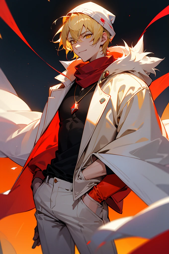 blonde hair, gold eyes, beautiful male, yellow eyes, start sky, 8k resolution, sky, galaxy, young male, serious face, short hair, black shirt, cowboy shot, glowing red gem necklace, smile, red gem on chest, mature, lean build, arms in pockets, muscular,white shirt,red pants, red gem necklace,no lazy eye, red scarf, phone in hand, white beanie, white fur coat, hoodie on 