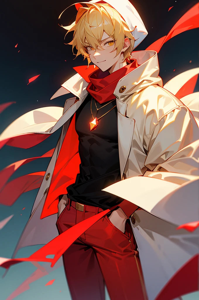 blonde hair, gold eyes, beautiful male, yellow eyes, start sky, 8k resolution, sky, galaxy, young male, serious face, short hair, black shirt, cowboy shot, glowing red gem necklace, smile, red gem on chest, mature, lean build, arms in pockets, muscular,white shirt,red pants, red gem necklace,no lazy eye, red scarf, phone in hand, white beanie, white fur coat, hoodie on