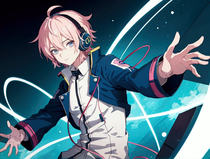 an anime boy eletric, dancing with headphones, listenning music