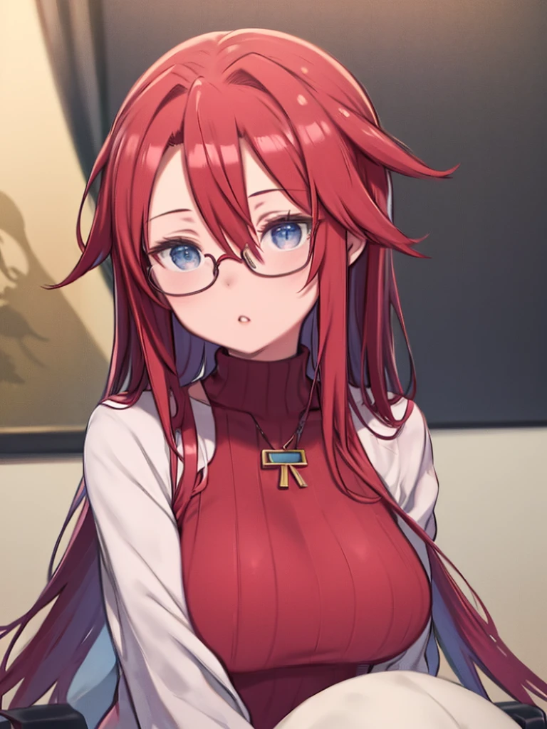 One Girl、Red Hair、long hair、Hair between the eyes、Blue Eyes、Red turtleneck sweater、Glasses、Big Breasts、Sit on a chair、reading、Watching the audience、△ Mouth、Upper Body、Angle from the side、