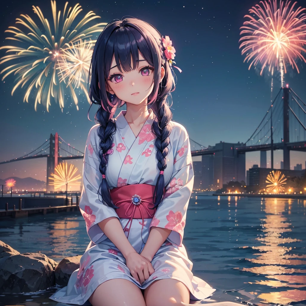 Sky Blue Medium Hair, (Braided Hair),(Pink Eyes),Fair skin ,(whole body),(1 girl)、Floral Yukata、summer night、Extra-large fireworks filling the night sky、Watching big fireworks while sitting next to each other、Straight bangs,(masterpiece, Highest quality, Very detailed, Best Shadow), (Detailed Background), (Beautifully detailed face), High Contrast, (Best lighting, Very delicate and beautiful), ((Cinematic Light)), colorful, Hyper Detail 8k, Dramatic Light, Intricate details,Fireworks reflecting on the surface of the water
