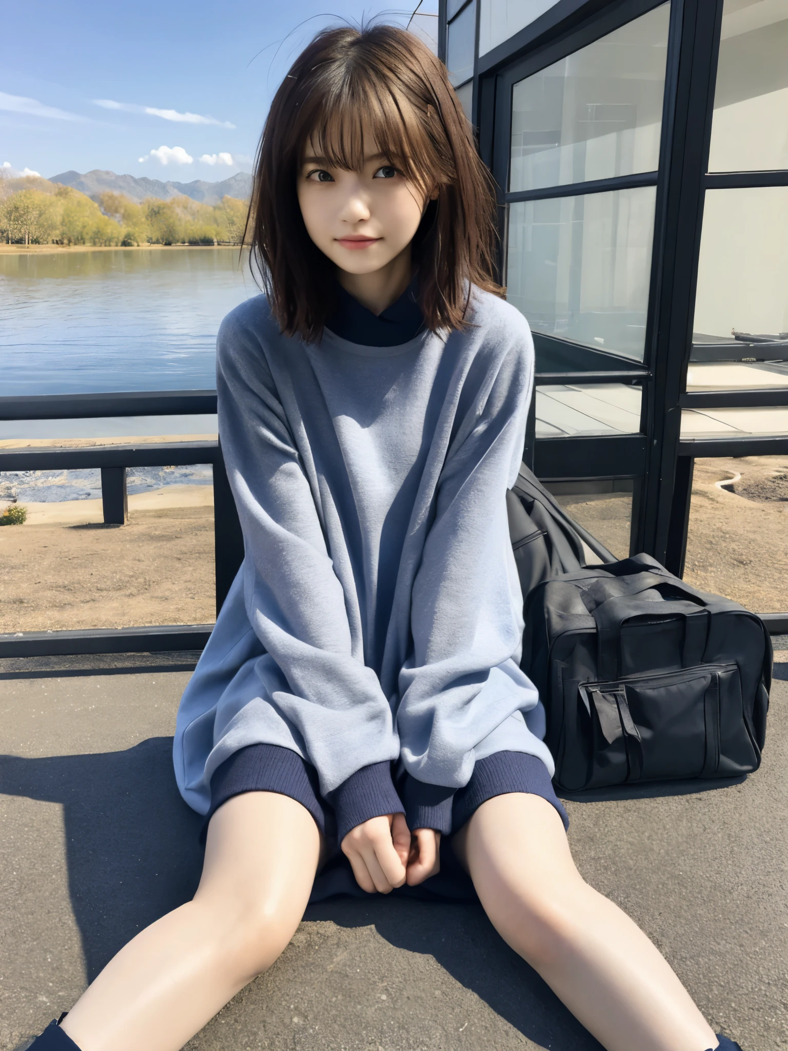Woman sitting by the lake、Standing with both knees together、Legs stretched out in front、Hands on your back、Beauty、20-year-old、university student、Well-balanced proportionedium build、Small face、Small breasts、Small Ass、A strong wind is blowing、grassland、There are a lot of trees、She is wearing a navy blue short-sleeved long dress、Wearing white panties、Wearing pumps、Uniform left and right eyes、blue sky、