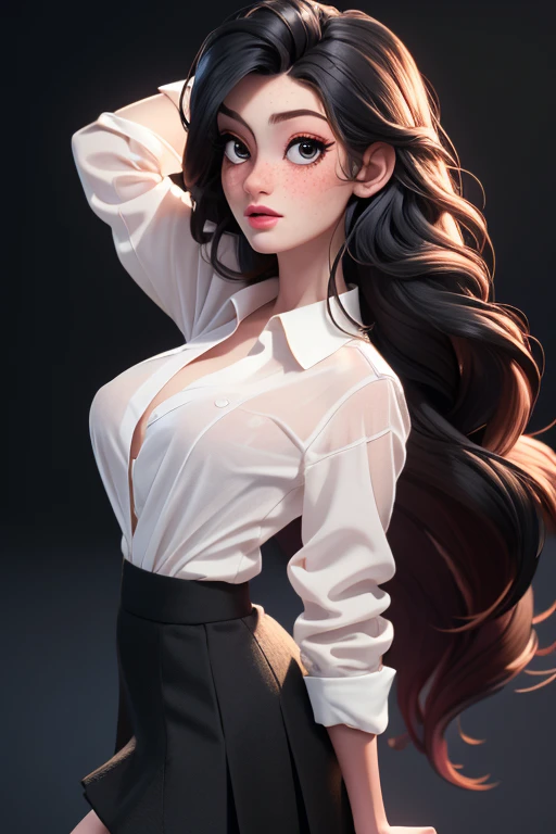 (masterpiece:1.3), (best quality:1.2), intricate details, (highly detailed skin:1.2), fay3, (1girl:1.2), large breasts, realistic, highres, beauty photo, tear drop , from above, cool mood, (wearing white shirt and black skirt:1.3), long hair, (redhead haircolor:1.3) , Hourglass-Petite body shape, fill lighting, fcDetailPortrait, (tilted head:1.4), (sexy pose:1.3),  (freckles:0.8) 