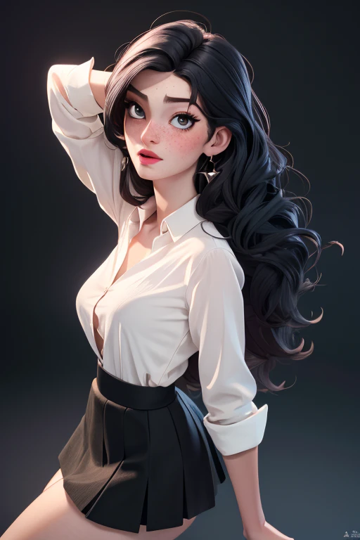 (masterpiece:1.3), (best quality:1.2), intricate details, (highly detailed skin:1.2), fay3, (1girl:1.2), large breasts, realistic, highres, beauty photo, tear drop , from above, cool mood, (wearing white shirt and black skirt:1.3), long hair, (redhead haircolor:1.3) , Hourglass-Petite body shape, fill lighting, fcDetailPortrait, (tilted head:1.4), (sexy pose:1.3),  (freckles:0.8) 