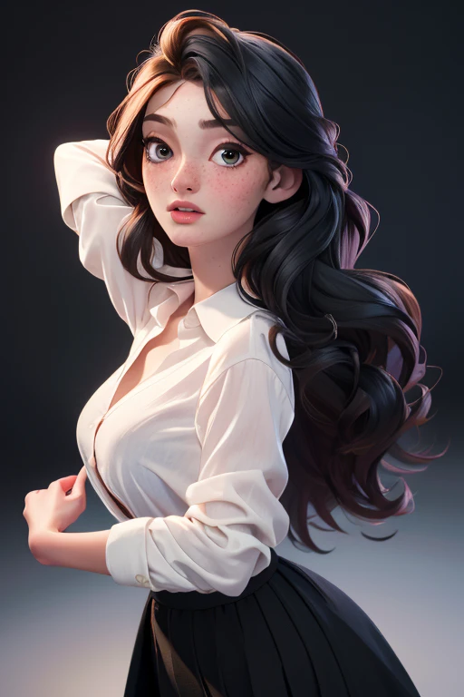 (masterpiece:1.3), (best quality:1.2), intricate details, (highly detailed skin:1.2), fay3, (1girl:1.2), large breasts, realistic, highres, beauty photo, tear drop , from above, cool mood, (wearing white shirt and black skirt:1.3), long hair, (redhead haircolor:1.3) , Hourglass-Petite body shape, fill lighting, fcDetailPortrait, (tilted head:1.4), (sexy pose:1.3),  (freckles:0.8) 