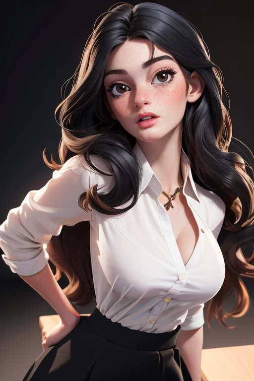 (masterpiece:1.3), (best quality:1.2), intricate details, (highly detailed skin:1.2), fay3, (1girl:1.2), large breasts, realistic, highres, beauty photo, tear drop , from above, cool mood, (wearing white shirt and black skirt:1.3), long hair, (redhead haircolor:1.3) , Hourglass-Petite body shape, fill lighting, fcDetailPortrait, (tilted head:1.4), (sexy pose:1.3),  (freckles:0.8) 