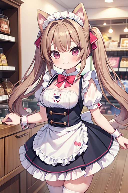 Highest quality,masterpiece,dog cafe,Girl clerk,Maid clothes,(Pomeranian,There are several small dogs in the store..3),Anime Style,cute,Twin tail hair,smile,Large Breasts,Dog ears,