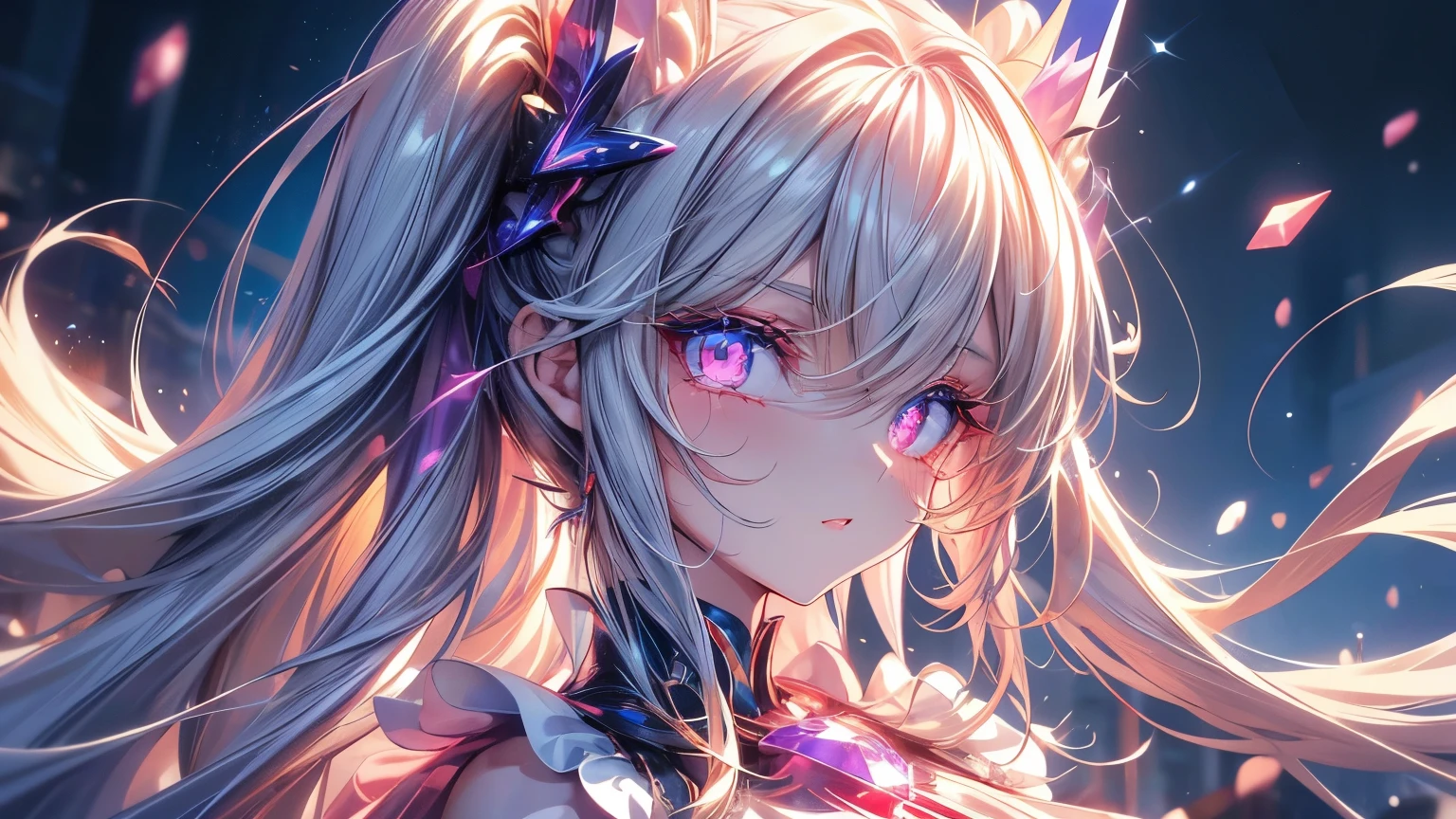 Twin tails,beautiful girl,thunder,lightning,magic,Particles of light,(Highest quality, High resolution:1.2),Mysterious atmosphere,Dynamic pose,High detail,Jewelry goods,bracelet,Red Gemstone Pendant,Almond Eyes, Exquisite eye makeup, Long eyelashes fluttering, Blinking big eyes
