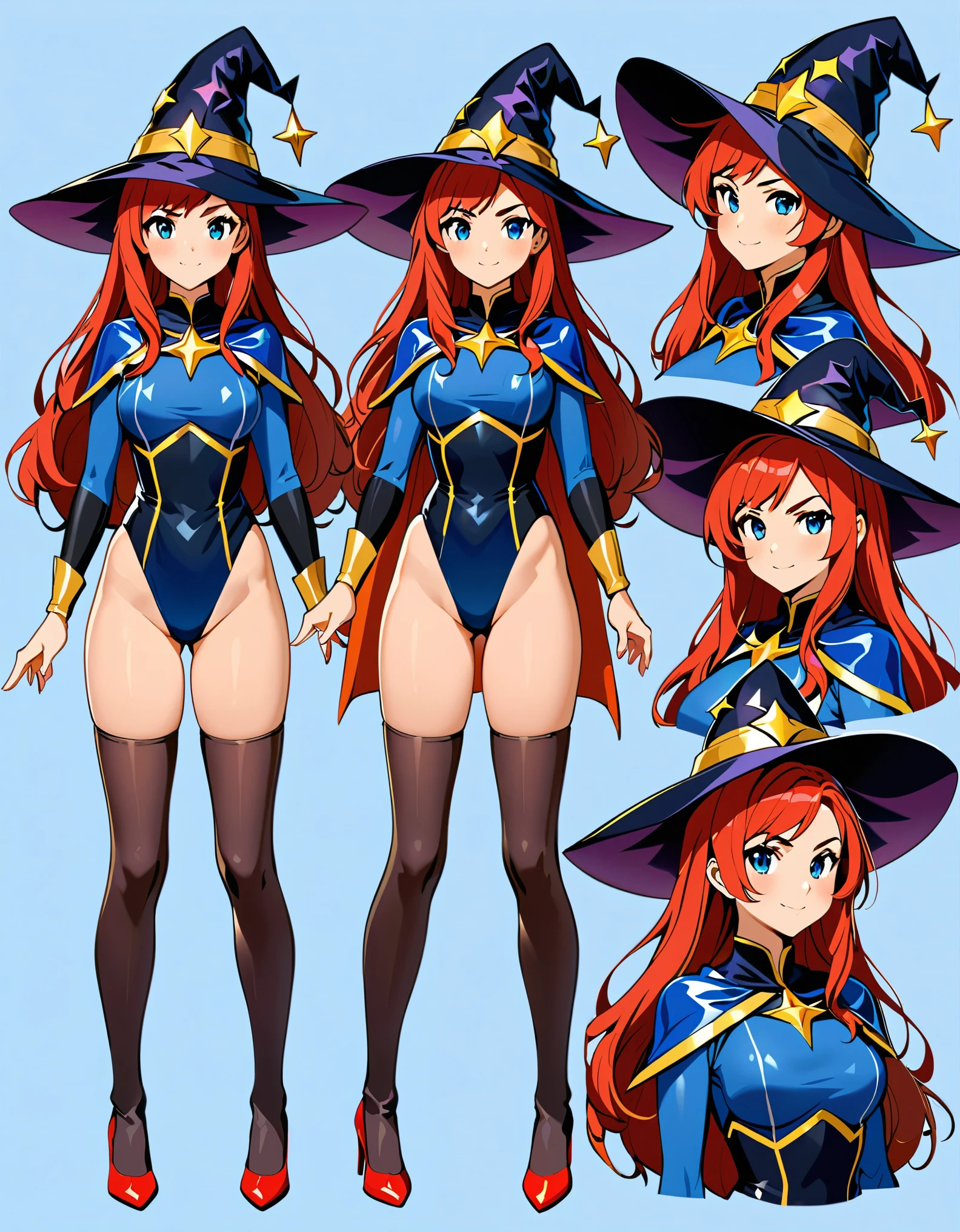 (masterpiece, best quality, high quality, highres:1.2), 1girl, high school student, superhero, superhero sorceress witch, sky witch, (leotard, blue leotard with white accents), bare legs, (blue thigh-high leggings , red high heels), (witch hat), red hair, long hair, blue eyes, beautiful detailed eyes, beautiful detailed face, cute face, medium breasts, -18, solo, solo focus, wonder, Simple background, Multiple Views, Character Sheet Full-Length.