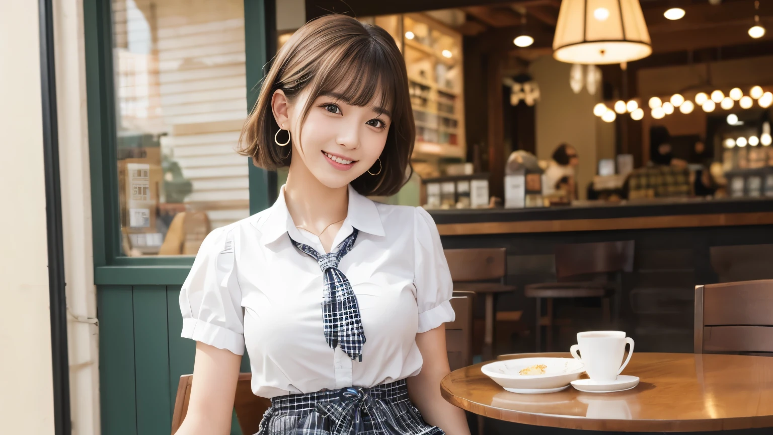 Highest quality、High resolution、8k wallpaper、Dense and beautiful eye-glue hair、(Beautiful breasts:1.3)、Natural color lip、17歳のwoman、woman、Brown Hair、smile、Hair tied up、Wearing a necklace and earrings、Fluffy blouse、high school student、uniform、Wearing a tie、Checkered mini skirt、White shirt、Cafe、Inside the store、Medium bob hair、laughing、Sitting、Inside the storeは人混み