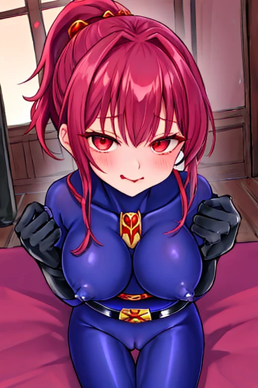 zPDXL, source_anime, Human, red eyes, short red ponytail hair woman, zPDXL, evil smile, closed mouth, zofa bodysuit, zofa belt, black gloves, zofa on face, chest jewel, laying on ground, cowboy shot, solo, indoors, finger masturbating pussy, Lewd face, sticking out tongue, mouth open, eyes looking up, blushing cheeks,