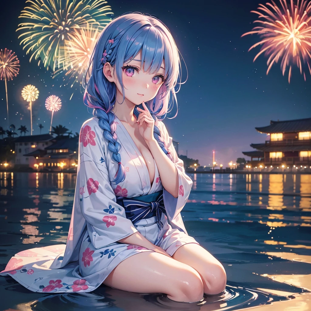 (Sky Blue Medium Hair:1.2), (Braided Hair),(Pink Eyes),Fair skin ,(whole body),(1 girl)、Floral Yukata、summer night、Extra-large fireworks filling the night sky、Huge fireworks launched from the sea、Watching the fireworks while sitting next to each other、Straight bangs,(masterpiece, Highest quality, Very detailed, Best Shadow), (Detailed Background), (Beautifully detailed face), High Contrast, (Best lighting, Very delicate and beautiful), ((Cinematic Light)), colorful, Hyper Detail 8k, Dramatic Light, Intricate details,Fireworks reflected on the water surface、